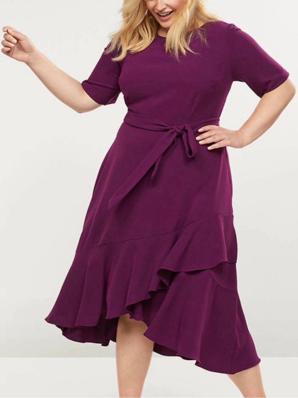Lane Bryant Tie-Waist High-Low Ruffle Hem Midi Dress in Plum, Size 14, Excellent